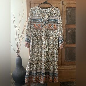 Boho Paisley Maxi Dress with Tassel Tie - Cream & Blue